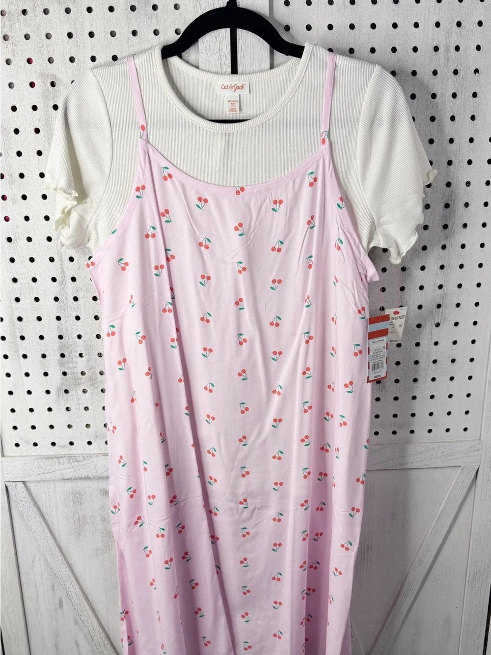 Cat & Jack Cherry Print Layered Dress Girls Size 16 NWT Pink Cottagecore Casual